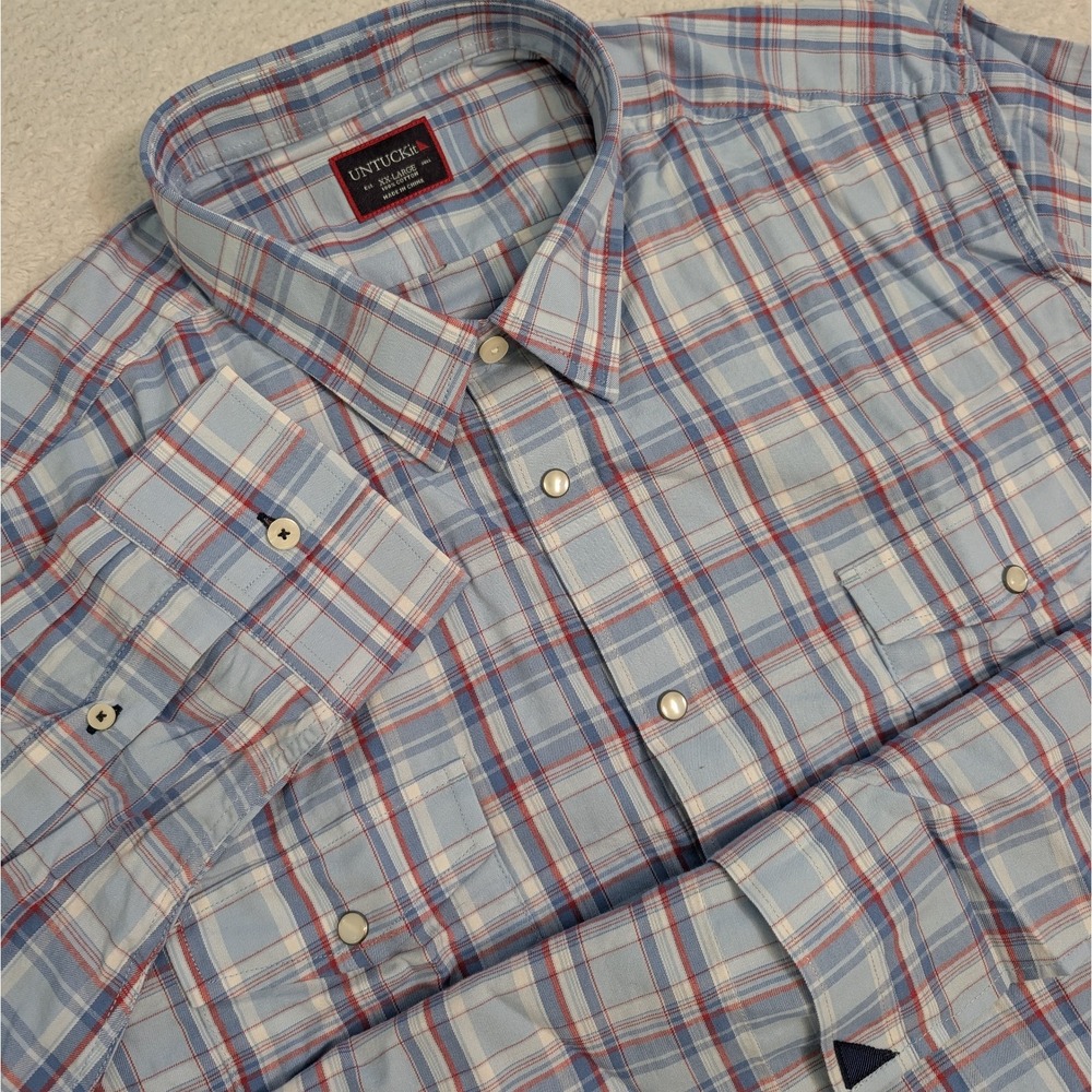NEW UNTUCKit Muller Men's 2XL Regular Blue Red Pearl Snap L/S 2 Pock Button Up